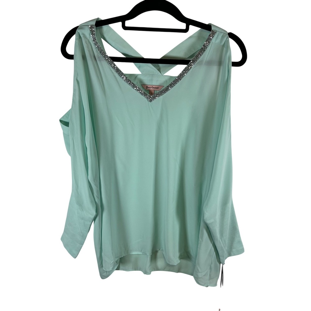 Juicy Couture Cold Shoulder Blouse Rhinestone V-Neck Icy Morn Green Large NWT